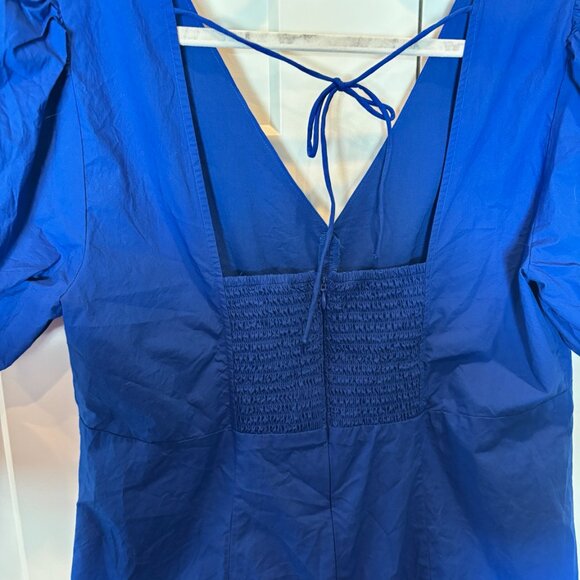 LOFT Blue Puff Sleeve Mini Dress Size 12 Smocked Back Tie - Picture 4 of 6